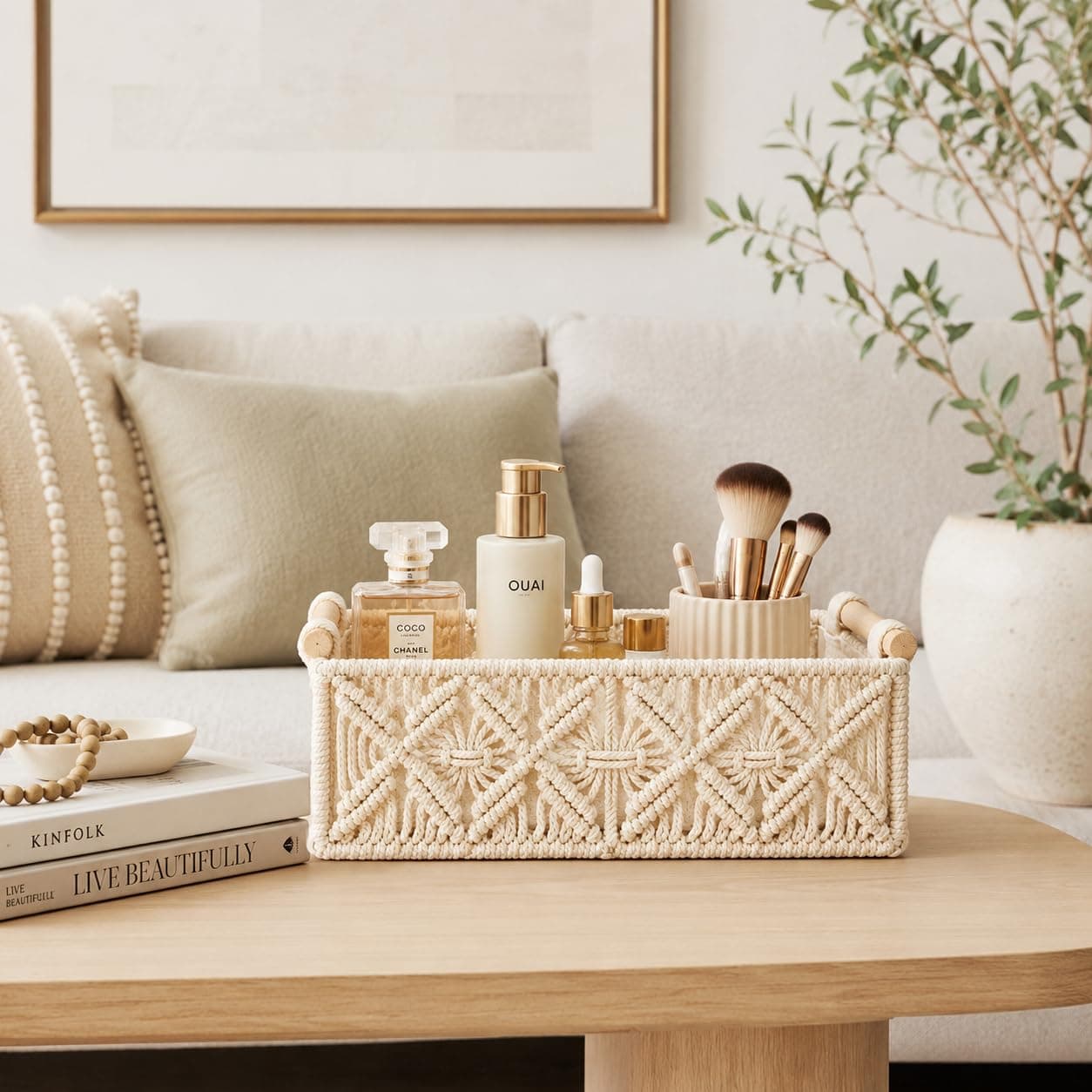 Vespara Toilet Paper Storage Basket for Living Room Storage, Small Paper Rope Scalloped Basket with Wooden Handles for Tank Top for Home Decor Bedroom Nursery Entryway(White) thumbnail 5