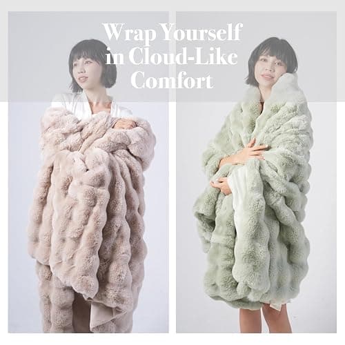 Super Comfort Oversized Warm Thick Bubble Luxury Plush Rabbit Faux Fur Throw Blanket, Fluffy Blanket,Soft Cozy Blanket for Couch Chair Bed Sofa Living Room (Wheat, 60inX80in) thumbnail 6