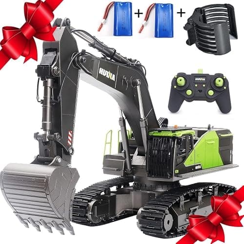 RC Excavator for Adults Huina 1593 Fully Functional 1:14 Toy 28 Channel Remote Control Truck Construction Vehicle Metal Bucket LED Lights Simulating Sounds 2 Batteries and Gripper 2026 Model - Image 1