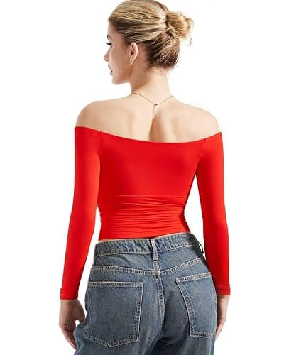 SUUKSESS Women Off Shoulder Double Lined Long Sleeve Shirts Basic Going Out Tops thumbnail 5