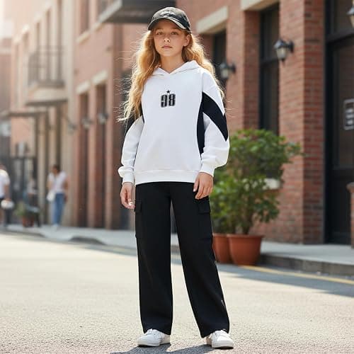 ZGKB Girls' Hooded Sweatshirt and Pants Set, White and Black, Casual Jersey Outfit, 8-12 Years thumbnail 3