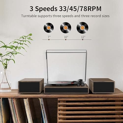 Vinyl Record Player with Dual Stereo Bookshelf Speakers Vintage Turntable with Bluetooth Wireless Playback Belt Drive 3-Speed Playback Record Player Support RCA Out Auto Stop thumbnail 5