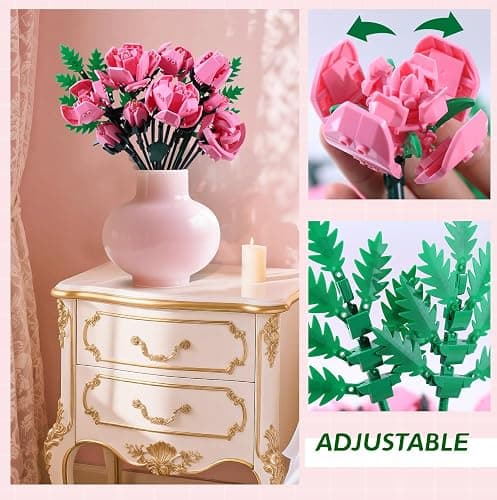Pink Rose Flower Building Set-10pcs Roses & 2pcs Leaves Botanical Collection, Artificial Flowers for Home Décor, Rose Bouquet Building Kit for Valentine’s Day Christmas Birthday Anniversary (No Vase) thumbnail 3