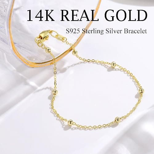 IEFWELL S925 Sterling Silver Bracelet for Women - 14K-Real-Gold-Plated Satellite Bead Chain Bracelet, 6.5/7/7.5/8/8.5/9 Inches Sterling Silver Chain Bracelets, Valentines Gifts Jewelry for Women thumbnail 6