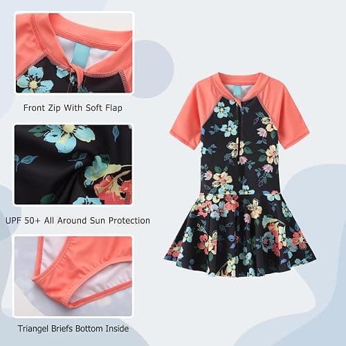 Aisyee Swimming Costume Girls Swimsuit Kids One Piece Short Sleeve Skirt Swimwear Girls Swim Dress Age 5-16 Years thumbnail 3