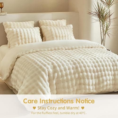Tokokimo Fluffy Fleece Queen Size Duvet Cover Set, Ultra Soft Reversible Heavyweight Bedding Set, Extra Warm Winter Duvet Cover Set with 2 Pillow Cases, All Season Fuzzy Comforter Cover Set, Beige thumbnail 2