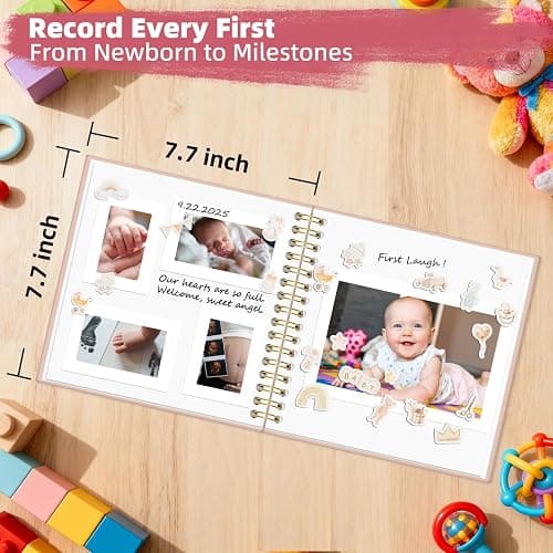Vienrose Kids Scrapbook Album 8.5"X8.3" with Window Silk Fabric Cover Acid-Free Pages Personalised DIY Photos Scrapbooking for Baby Memory Book, First Year Keepsake Journal Gift Boy Girl, Beige thumbnail 4
