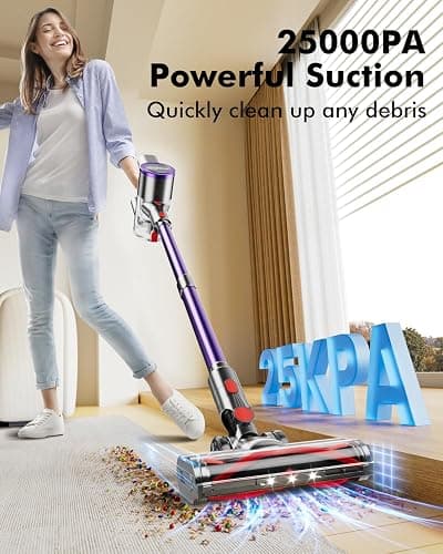 PINICO Cordless Vacuum Cleaner, 25kPA Vacuum Cleaners for Home, Stick Vac with Anti-Tangle Brush, 40 Mins Runtime, Lightweight, Versatile for Carpet, Hard Floor, Pet Hair (Purple) thumbnail 2