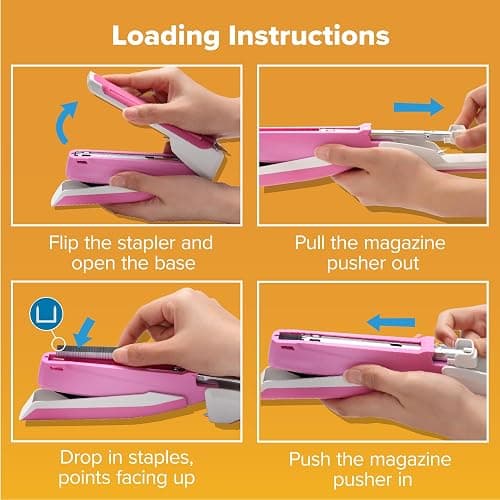 Bostitch Office InPower Spring-Powered Desktop Stapler, 20 Sheet Capacity, One Finger Stapling, Includes 210 Staples, Jam Free, Opens for Tacking, Breast Cancer Awareness Pink thumbnail 7