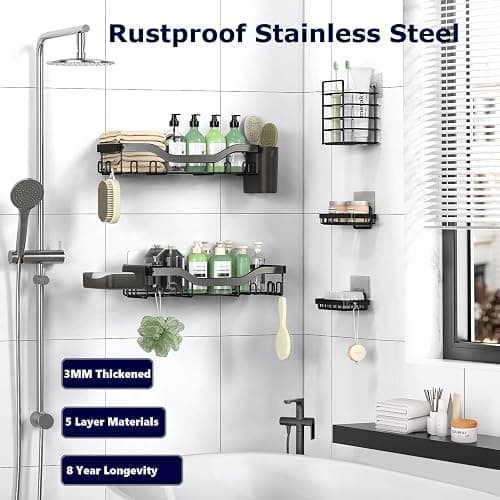 NESOMI Shower Caddy Adhesive Shower Organizer 7-Pack, Rustproof Stainless Steel Bathroom Shelves, Large Capacity No-Drill Rack Storage Accessories with Soap Dish Toothbrush Holder &24 Hooks Home Decor thumbnail 5