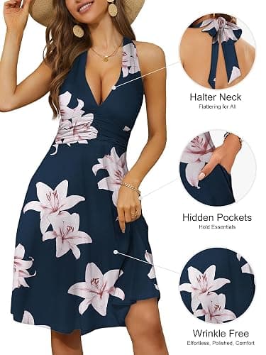 HUHOT Women's Summer Sundress Sleeveless Halter Neck Spring 2026 Floral with Pocket Elastic Waist Ruffle Mini Dresses thumbnail 4