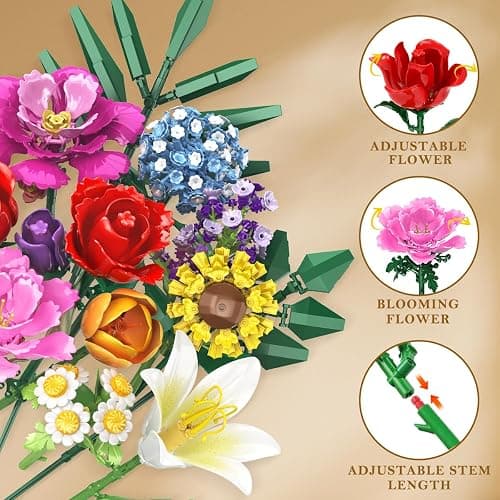 CUBIMANA Flower Bouquet Building Set, 1043 PCS Bouquet Botanicals Collection Gift for Valentine's Day for Her and Him, 15 Artificial Flowers Building Blocks Home Plant Decor for Adults Women Birthday thumbnail 6