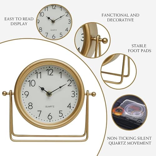 EMAX HOME Vintage Golden Table Clock - Elegant Battery Operated Office, Living Room, and Bedroom Clock with Minimalist Design Gold Table Decor 22x19.5x5.5cm thumbnail 6