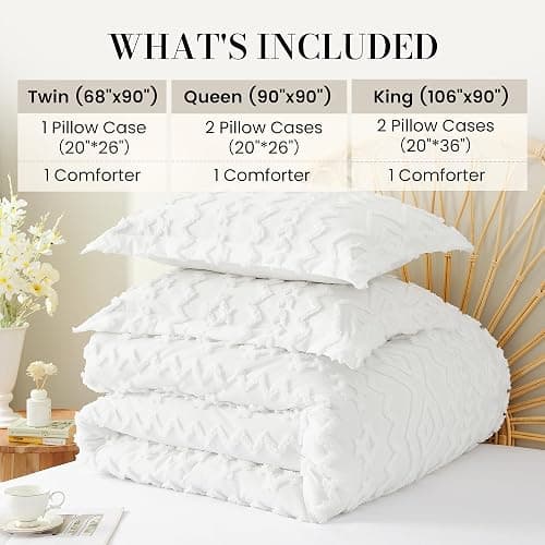 Amélie Home Boho Comforter Set Queen Size, 3 Piece White Boho Bedding Set, Rustic Farmhouse Luxury Gift for Women Home Decor, Soft Cozy Diamond Comforter for All Seasons thumbnail 7