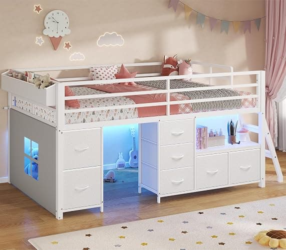 ADORNEVE Low Loft Bed Twin Size with 7 Storage Drawers, Bookcase and LED Lights, Metal Kids Loft Bed with 14" H Safety Guardrail,Inclined Ladder and Play Curtain, Under-Bed Play Space, White - Image 1