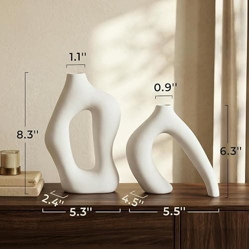 Dowan White Vases for Decor,Hollow Ceramic Vase Set of 2,8.3" Nordic Modern Boho ins Style Decorative Ceramic Aesthetic Flower Vase for Home Decor Modern Minimalist Table, Entryway Centerpieces thumbnail 2