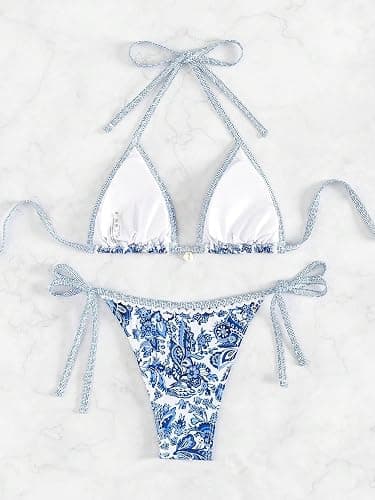BYFINECANY Women's Floral Printed Bathing Suit Halter Paisley Summer Swimsuit Bikinis Set thumbnail 2