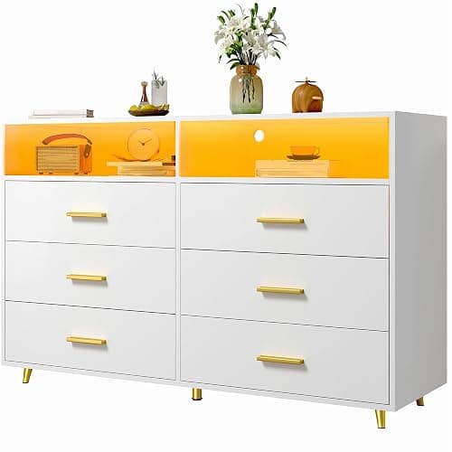 EnHomee White Dresser with LED Lights, 6 Drawers & 2 Open Shelves Top Dresser for Bedroom, Wood Chests of Drawers thumbnail 9