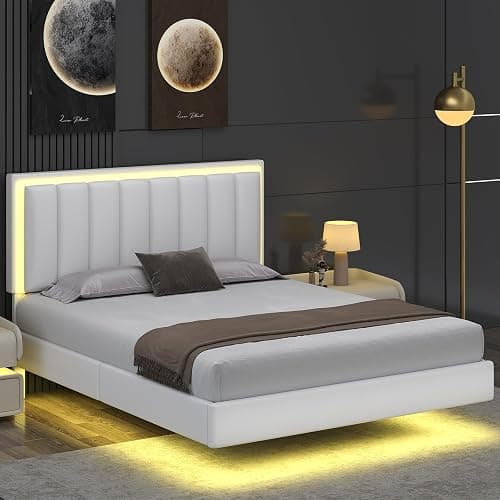 IMMERSTABLE Full Size Floating Bed Frame with LED Lights, Upholstered Platform Bed with Headboard, 11 in Storage Clearance, Solid Wood Slats, No Box Spring Needed, Easy Assembly, White thumbnail 8