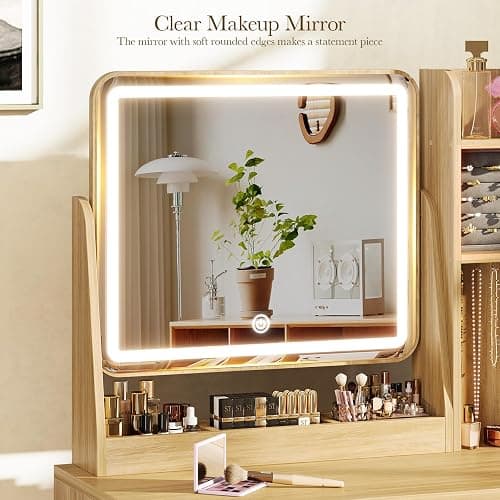 Memobarco Fluted Vanity Desk with Mirror and Lights, Small Makeup Vanity with 2 Drawers and Jewelry Storage Cabinet, 3 Lighting Modes Adjustable Brightness, Dressing Table for Bedroom - Natural Oak thumbnail 6