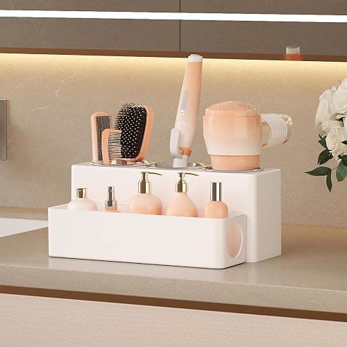 Lifewit Hair Tool Organizer, Removable Hair Dryer Holder Countertop, Acrylic Hot Tools Organizer with 3 Stainless Cups for Curling Iron, Straightener, Hairbrush, Makeup Accessories in Bathroom, White thumbnail 2
