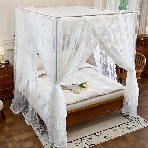 AIKASY Bed Canopy Mosquito Net for 4 Corner Post Beds, Full Size Lace Bed Curtain with Hanging Ribbons and Floral Embroidery, Sheer Netting for Girls and Adults/White thumbnail 3