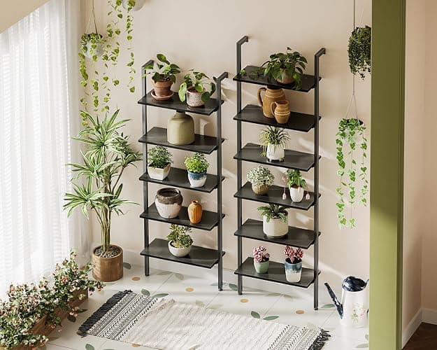 ODK 6-Tier Ladder Shelf, 87 Inches Wall Mounted Ladder Bookshelf with Metal Frame, Open Industrial Shelves for Home Office, Bedroom and Living Room, Black - 12"D x 24"W x 87"H - Black thumbnail 5