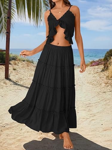 Trendy Queen Vacation Outfits Long Skirts for Women Boho Maxi Skirt Elastic High Waist Dress with Pockets Fashion thumbnail 5