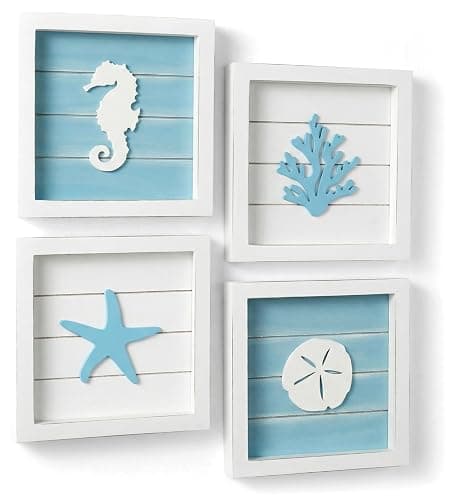 Tide and Tales Coastal Wall Art (Framed Set of 4) Beach Bathroom Wall Decor with Starfish, Seahorse, Sand Dollar and Coral - Ocean Theme Turquoise Room Decor - Seashell Beach Decorations for Home 7" x 7" - Image 1