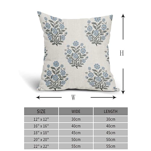 Grandmillennial Pillow Covers 18x18 Inch Set of 2 Blue Floral Block Print Cotton Linen Decorative Throw Pillow Case Grand Millennial Cushion Cover for Bedroom Sofa Living Room Chair Home Decor thumbnail 3