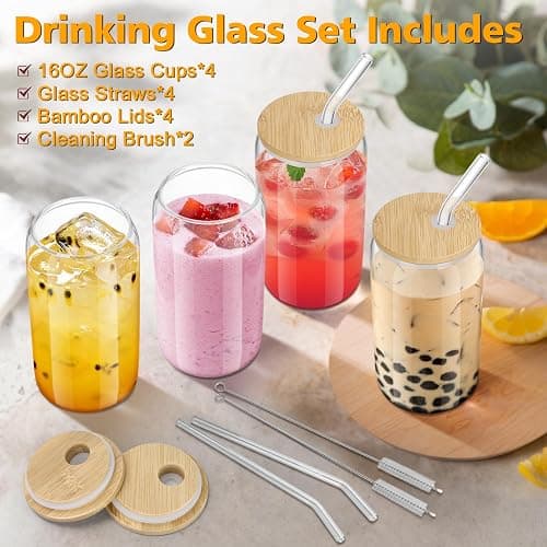 sungwoo Glass Cups with Bamboo Lids and Straws, 16OZ Ice Coffee Cup, Drinking Cup Set with Wooden Lids, Home Essential Glass Tumblers for Beer, Cocktail, Tea and Latte Clear (4) thumbnail 2