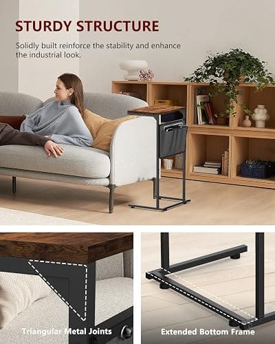 Vantic C Shaped End Table, Small Side Table for Couch | Chair Side Table for Recliner, Slide Under Sofa Tray Desk with Storage Bag for Living Room and Bedroom, Rustic Brown thumbnail 8