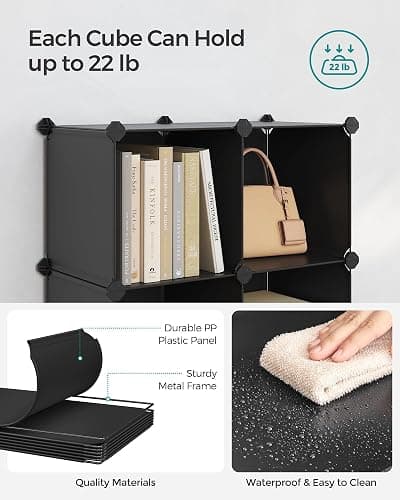 SONGMICS 6 Cube Storage Organizer, Modular Bookshelf, DIY Closet Organizers and Storage, Plastic Stackable Shelves, 11.8 x 11.8 x 11.8 Inch Cubes, with Feet and Rubber Mallet, Black ULPC06H thumbnail 5