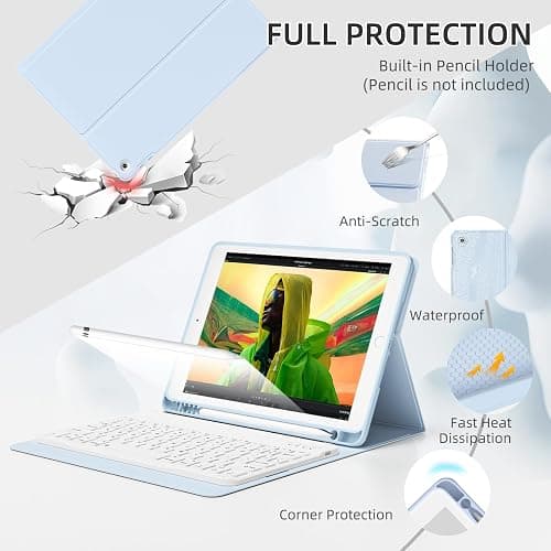 KVTVOU Case With Keyboard for iPad 9th / 8th / 7th Generation 2021/2020/2019 10.2 Inch, Soft TPU Case with Pencil Holder, Magnetic Detachable Bluetooth English Keyboard for iPad 9/8/7, White Ice thumbnail 4