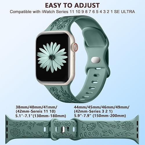 SNBLK 6 Pack Floral Engraved Bands Compatible with Apple Watch Bands 40mm 41mm 42mm 38mm 44mm 45mm 46mm 49mm Women Men, Silicone Flower Pattern Strap for iWatch Series 11 10 Se Ultra 9 8 7 6 5 4 3 2 1 thumbnail 9