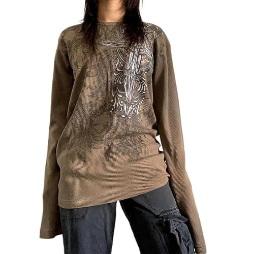 Women Vintage Fairy Grunge Y2K Long Sleeve Shirt Skull Graphic Printed Gothic Tee Tops Aesthetic Harajuku Tops thumbnail 2
