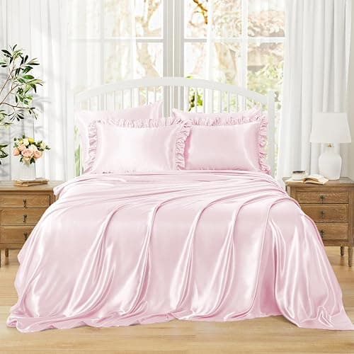 Homiest Ruffled Satin Sheets Full Size 6pc Set - Blush Pink Bed Sheet Set with 15 Inch Deep Pocket Fitted Sheet, 1 Flat Sheet, 2 Ruffled Pillow Shams & 2 Pillowcases, Similar to Silk Sheets thumbnail 2