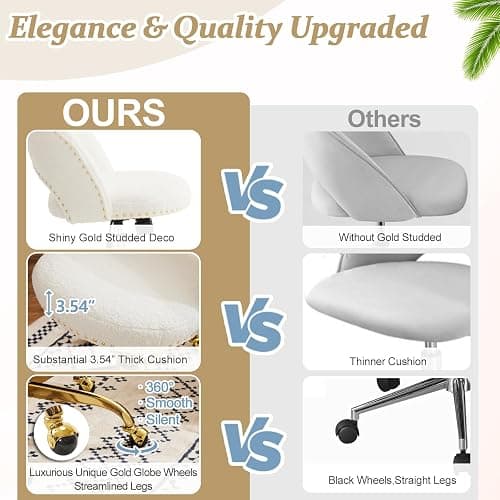 VINGLI Modern Teddy Fluffy Small Office Chair,Cute Desk Chair with Wheels,Gold Base/Studs, Comfy Armless Swivel Vanity Task Chair for Women/Girl/Kids, Nail Tech Chair for Bedroom,Small Space,White thumbnail 6