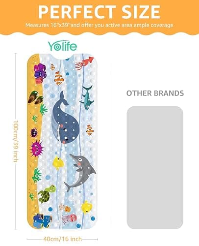 Yolife Non Slip Bathtub Mat, 16x39inch Kids Bath Mat Anti-Slip Cartoon Bathroom Floor Mat Shower Mat with Suction Cups and Drain Holes, Dolphin thumbnail 2