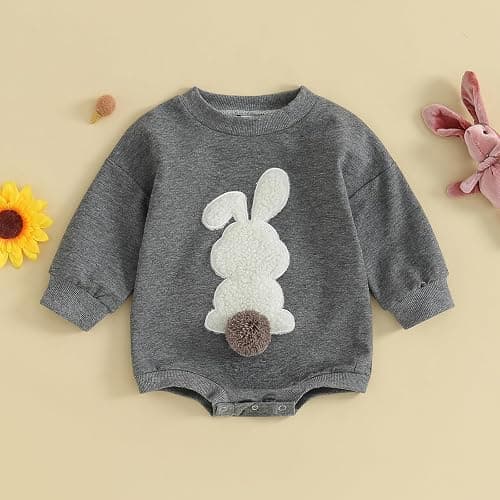 VISGOGO Newborn Infant Baby Boy Girls Oversized Romper Little Dude Sweater Onesie Coming Home Outfit Neutral Clothes - 0-6 Months - Grey-rabbit thumbnail 2