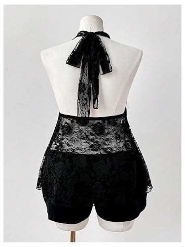 GORGLITTER Women's Plus Size Goth Lace Halter Tops Y2k Backless Sheer Ruffle Top Grunge Clothes thumbnail 3