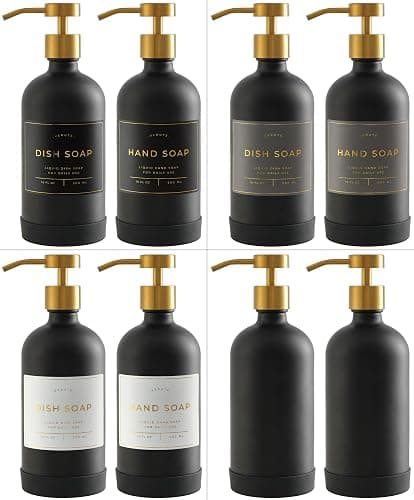Hand and Dish Soap Dispenser for Kitchen and Bathroom, Set of 2 16 Oz Glass Bottles, Stainless Steel Pumps, Non-Slip Silicone Base, 27 Waterproof Labels (Matte Black Bottle/Brushed Gold Pump) thumbnail 6