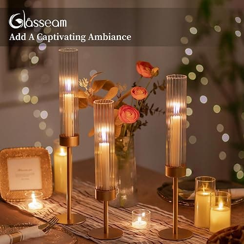 Gold Hurricane Taper Candle Holders: Glasseam 3Pcs Brass Candlestick Holders with Ribbed Glass Cylinder Cover Fluted Tall Candle Sticks Holder Decor for Table Centerpiece Wedding Christmas Decorations thumbnail 6