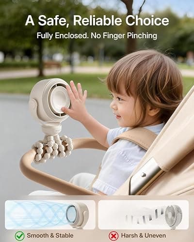 SWEETFULL Portable Stroller Fan, Pinch-Proof Baby Fan, 10H Battery, 5-Speed Quiet Mini Clip on Fan, USB-C Rechargeable with LED Display for Car Seat, Crib & Travel - Cream thumbnail 3