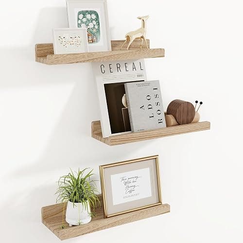 RICHFOCUS Floating Shelves for Wall, 16 inch Solid Wood Picture Ledge Shelf for Wall Storage, Nursery Book Shelves with Lip for Living Room Bathroom Bedroom Kitchen, Set of 3, Carbonized Black - Image 1