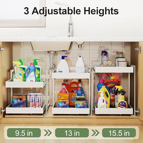 2 Tier Pull Out Cabinet Organizer ,Adjustable Width & Height, Expandable Pull-Out Drawers For Cabinets, Slide Out Shelves for Kitchen Cabinets / Countertop / Pantry,Heavy-Duty & Easy to Install(White) thumbnail 6
