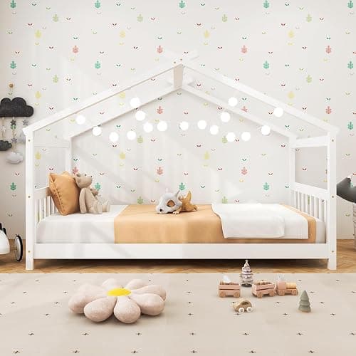 GORELAX Twin Size Floor Kid House Bed with Roof & Wooden Slats | Montessori Floor Bed, No Box Spring Needed, Wood Twin Size Platform Bed Frame for Boys, Girls (White, Twin) thumbnail 7