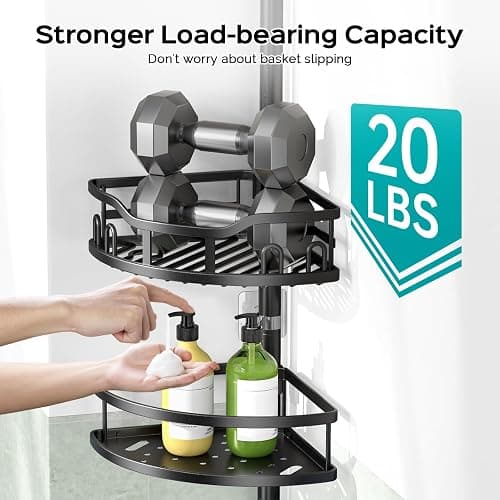 HAMITOR Corner Shower Caddy Tension Pole: High Capacity 4-Tier Rustproof Bathroom Organizer Shelves for Small Bathrooms - 47-121 inch Adjustable Floor Standing Bath Rack Holder - Black thumbnail 3