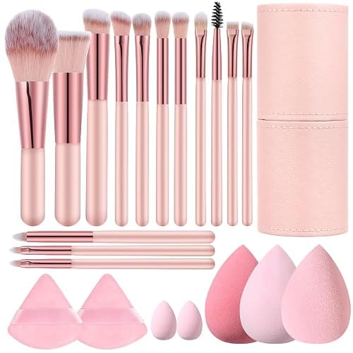 14 Pcs Small Travel Makeup Brush Set Portable Pink Make up Brushes with Case,5 Pcs Makeup Sponge,Valentine's Day Gift,Mother's Day Gift for Foundation Powder Concealers Eye Shadows(Pink) - Image 1