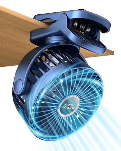 buywoo Portable Mini Personal Fan, Small Rechargeable Battery Powered Stroller Fan for Desk, Strong Clamp Grip, 360° Rotation, 3-Speed, LED Display, Clip On Cooler for Bed, Golf Cart, Office, Blue - Image 1